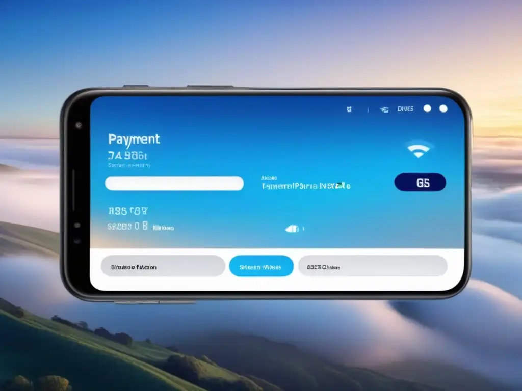Plataforma digital de pagos para bienes raíces: diseño futurista y seguro Interfaz futurista de pagos digitales en transacciones inmobiliarias, moderna y segura en azules y blancos