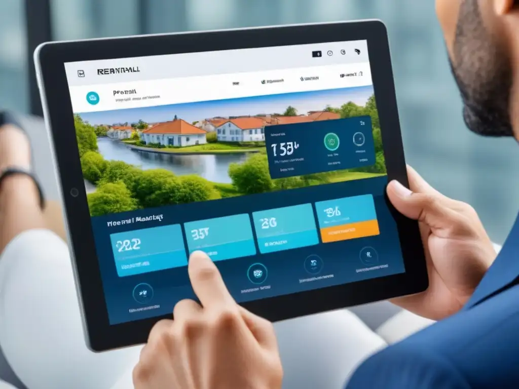 Interfaz Proptech futurista en tablet: gestión eficiente de alquileres Interfaz futurista de Plataformas Proptech para gestión de alquileres en tablet