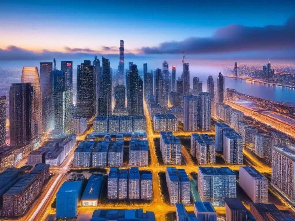 Plataforma Proptech futurista: gestión inmobiliaria avanzada en la ciudad Interfaz futurista de plataformas Proptech para gestión de alquileres en la ciudad al anochecer
