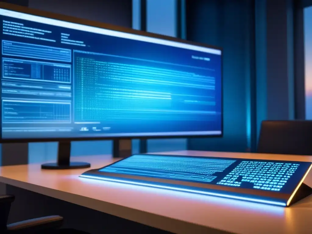 Interfaz de seguridad digital futurista en oficina contemporánea Interfaz futurista de seguridad digital con datos encriptados y verificación biométrica, en un entorno de oficina con elementos inmobiliarios