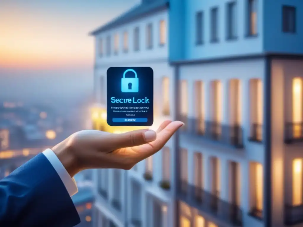 Icono de seguridad digital en plataforma inmobiliaria futurista Una interfaz futurista de transacciones inmobiliarias con un icono de candado digital, transmitiendo seguridad en transacciones inmobiliarias
