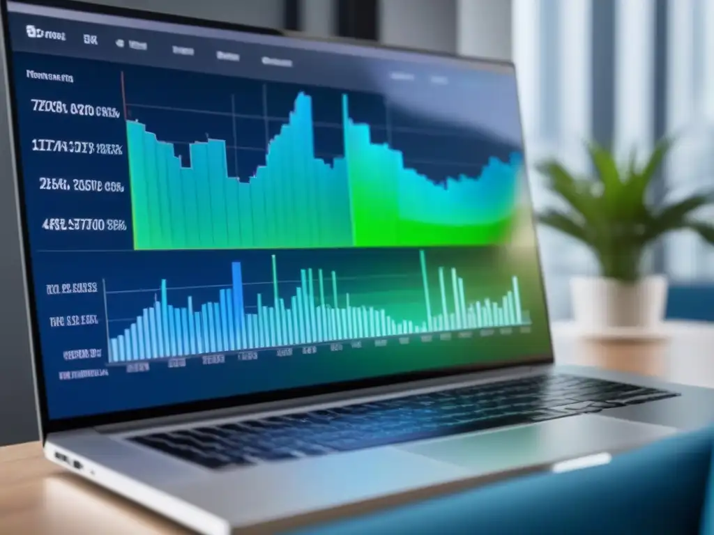 Interfaz algorítmica futurista para evaluación de préstamos inmobiliarios Una interfaz algorítmica futurista muestra gráficos financieros detallados en tonos de azul y verde
