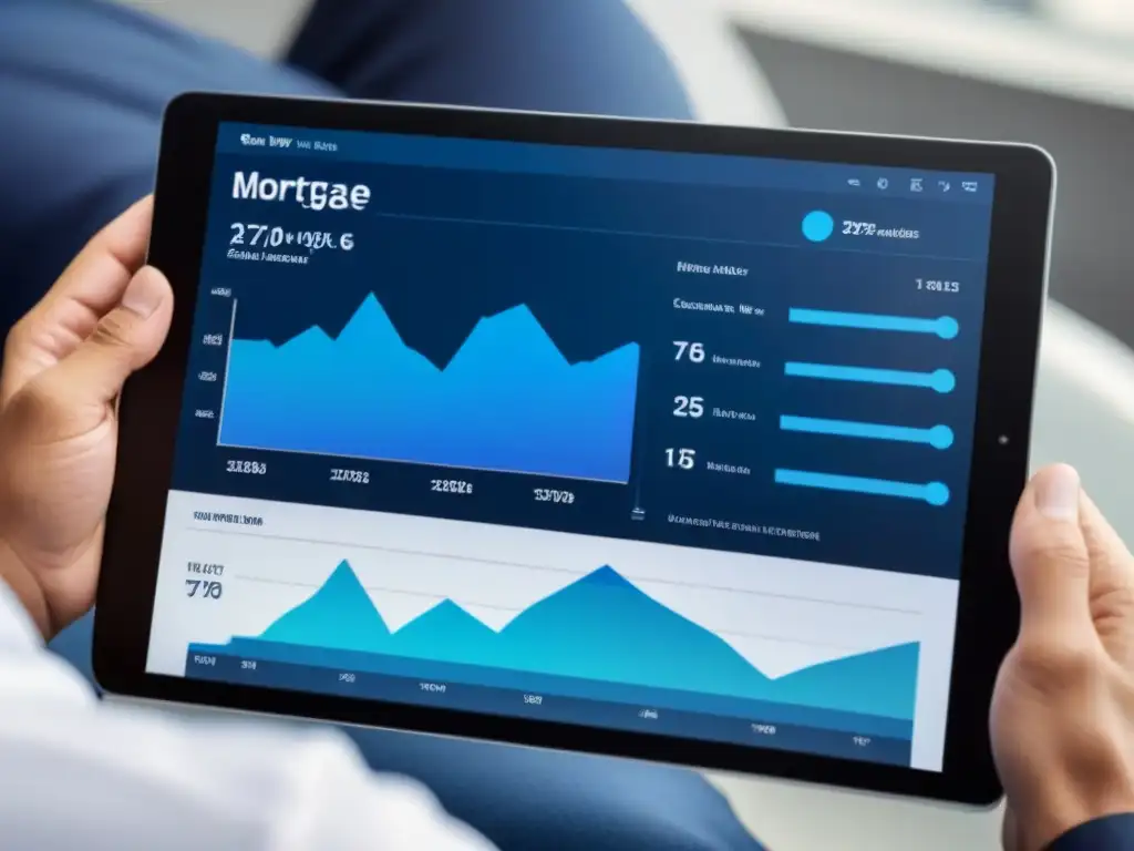 Interfaz de solicitud de hipoteca futurista en tablet digital Interfaz hipotecaria futurista en tableta digital con automatización y análisis de créditos