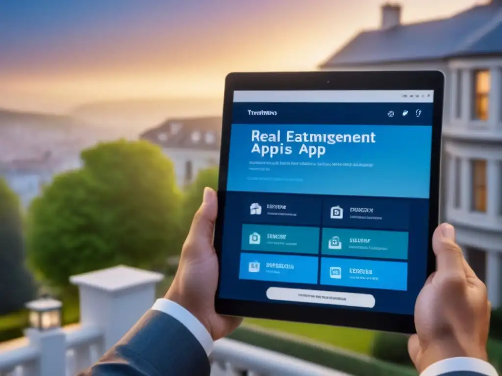 Interfaz de gestión inmobiliaria elegante y moderna en tablet 8k Interfaz de app gestión inmobiliaria: moderna, elegante y profesional con las mejores aplicaciones gestión inmobiliaria