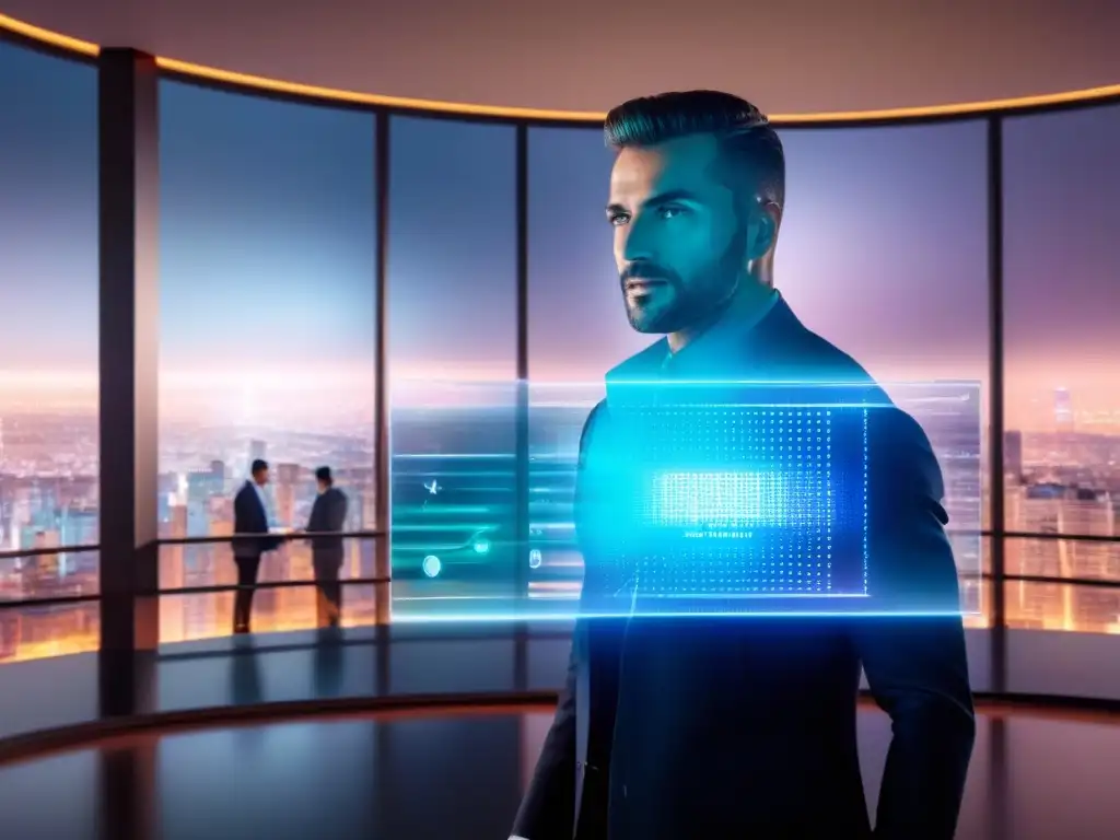 Interfaz de inteligencia artificial futurista analizando valores inmobiliarios con holograma en oficina contemporánea