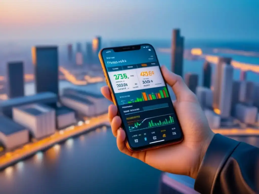 Interfaz fintech para inversiones inmobiliarias en smartphone 8k Interfaz Fintech para inversiones inmobiliarias en smartphone moderno en oficina elegante