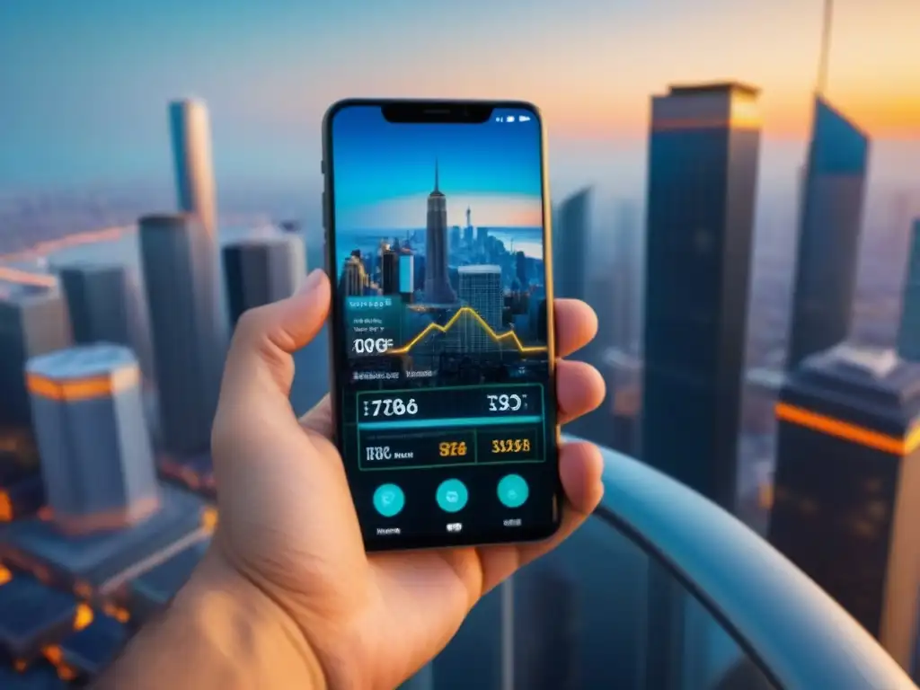 Interfaz fintech para inversión inmobiliaria: gráficos vibrantes y modernos Interfaz Fintech para inversiones inmobiliarias en smartphone futurista, con gráficos vibrantes y ciudad de fondo