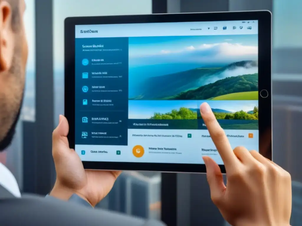 Interfaz inmobiliaria moderna y eficiente en tablet 8K Interfaz moderna y amigable de aplicación de gestión inmobiliaria en tablet de alta resolución