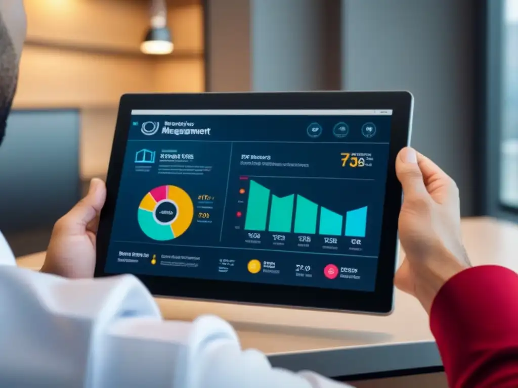 Interfaz inmobiliaria futurista en tablet transparente Interfaz moderna de gestión inmobiliaria: seguridad, eficiencia y tecnología innovadora en una tablet futurista