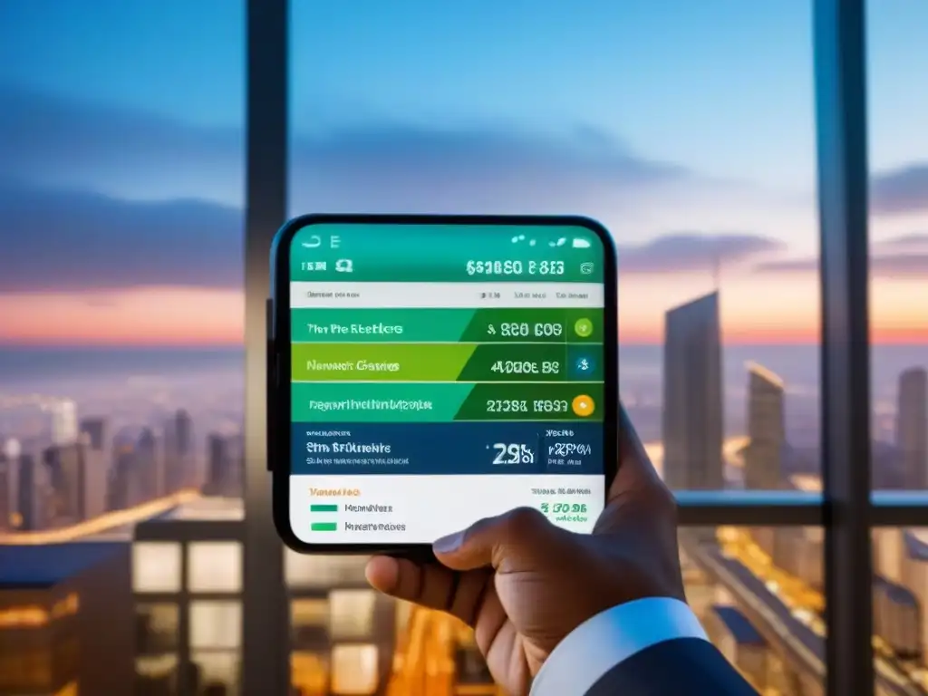 Interfaz inmobiliaria moderna en smartphone: eficiencia y diseño vibrante Interfaz moderna de aplicación inmobiliaria en smartphone con diseño intuitivo y colores vibrantes, en elegante entorno de oficina