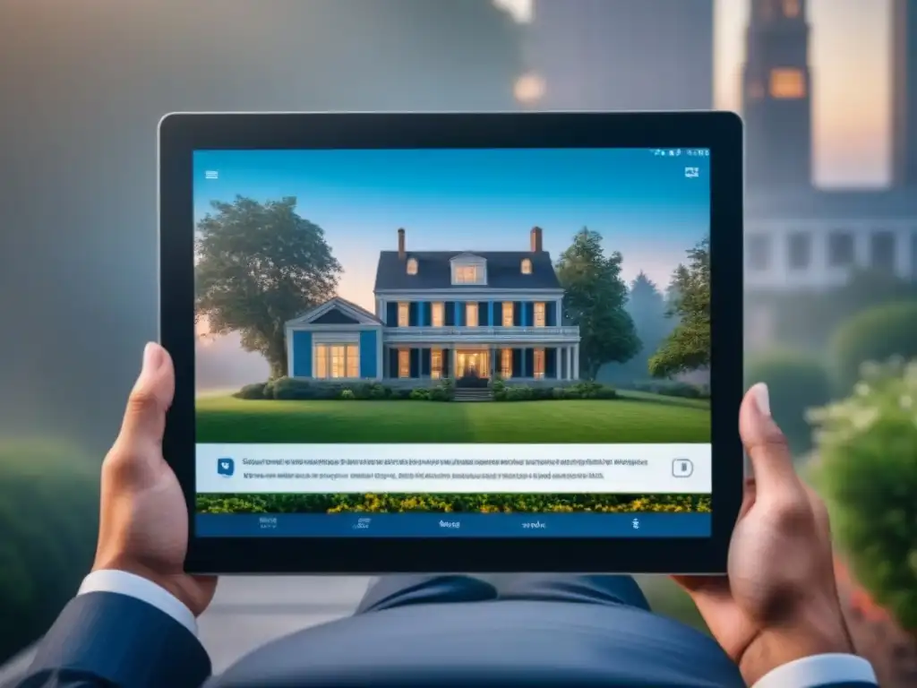 Interfaz inmobiliaria digital de alta gama en tablet Interfaz moderna de gestión inmobiliaria en tablet: comunicación interactiva y cliente