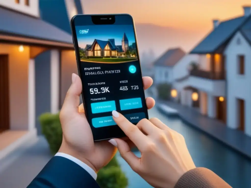 Transacción Inmobiliaria Futurista con Pagos Digitales de Vanguardia Interfaz de pago digital en transacción inmobiliaria de lujo: símbolos de criptomonedas y seguridad