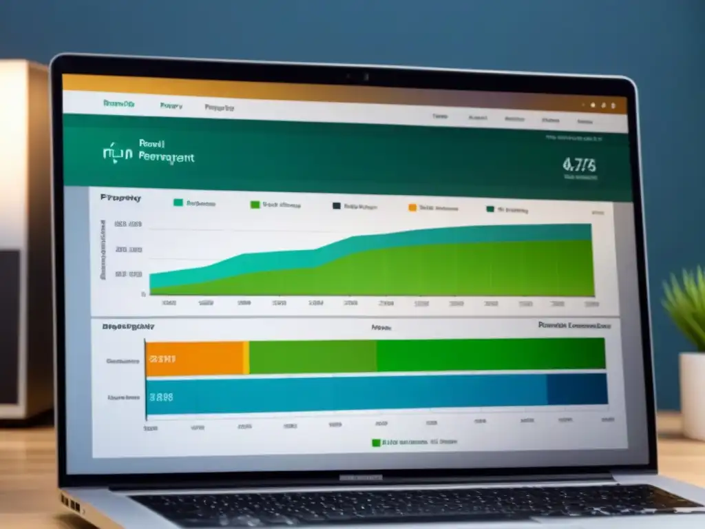 Interfaz de software de gestión de alquileres: moderna y eficiente en 8k Interfaz software gestión propiedades alquiler: gráficos analíticos avanzados, indicadores financieros y calendario de reservas