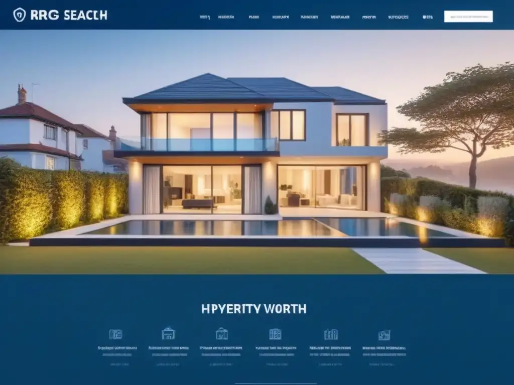 Interfaz web moderna para búsqueda de propiedades de lujo Interfaz web moderna con opciones de búsqueda de propiedades, diseño sofisticado en tonos azules y metálicos