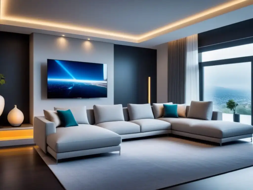 Interior de casa inteligente de lujo con tecnología de vanguardia Interior de casa inteligente moderna con tecnología avanzada integrada