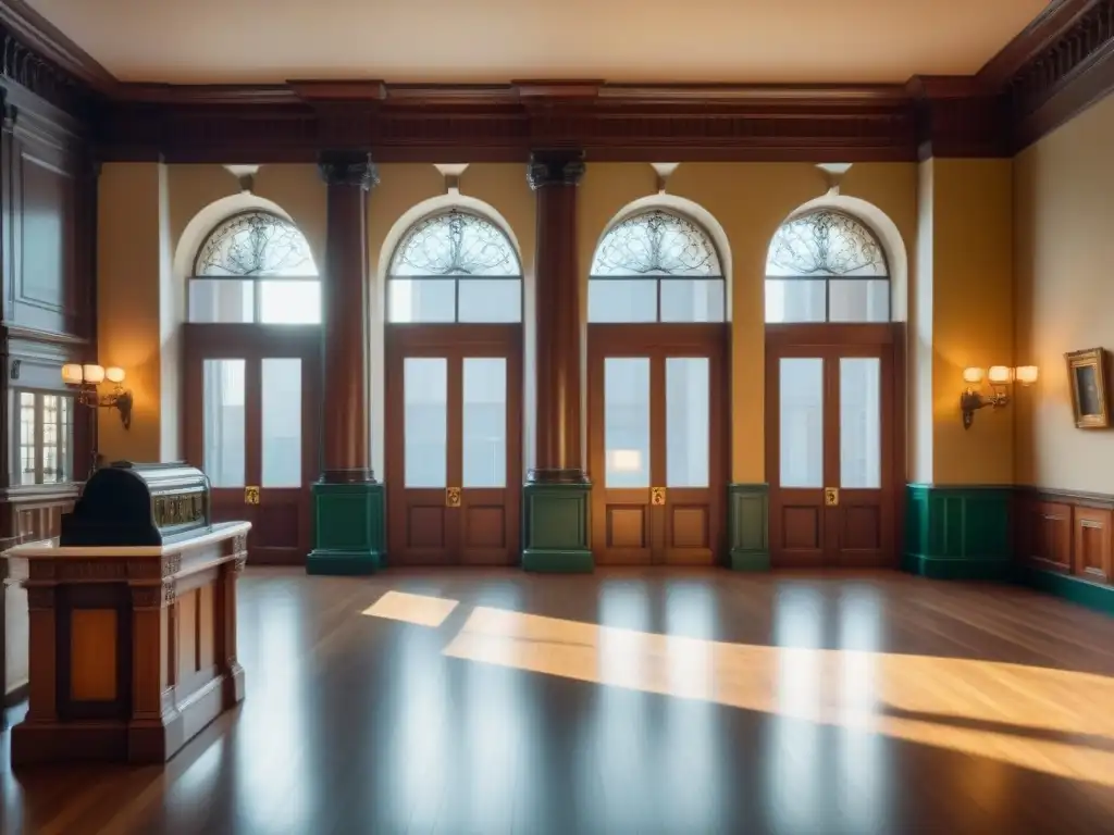 Interior bancario del siglo XIX: elegancia financiera en 8k Interior detallado de banco del siglo XIX con mármol, madera y mostrador de latón