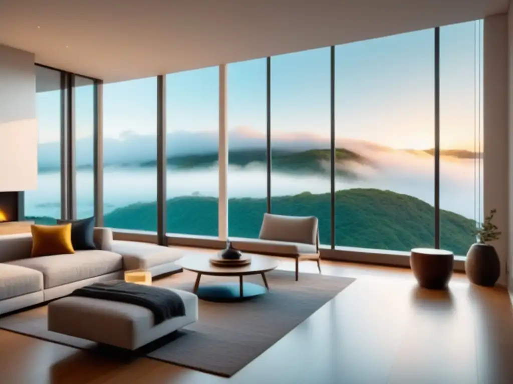 Diseño interior moderno en casa con grandes ventanas Interior elegante con abundante luz natural en casa moderna
