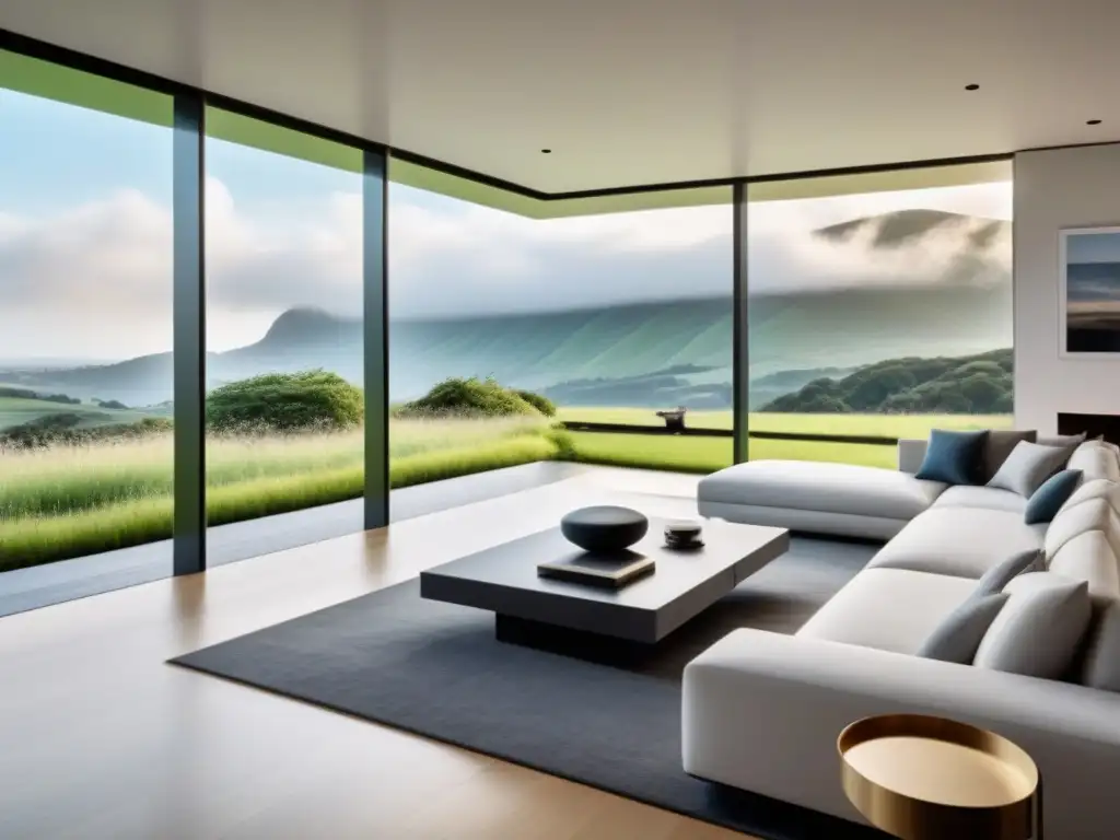 Interior de casa inteligente futurista: diseño minimalista y naturaleza Interior futurista de casa inteligente con IA, muebles minimalistas, vistas a paisaje verde y luz ambiental cálida