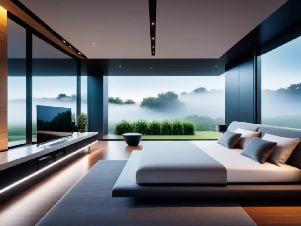 Smart home sostenible: tecnología de vanguardia en ambiente futurista Interior futurista de hogar inteligente con paneles solares y tecnología de eficiencia energética en préstamos inmobiliarios
