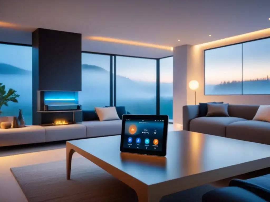 Interior de hogar inteligente futuro con tecnología sensorial avanzada Interior futurista con tecnología sensores Proptech inmobiliario integrada en sala y cocina de diseño moderno