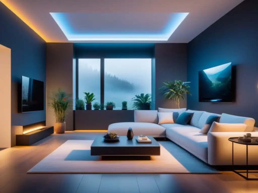 Hogar inteligente futurista: diseño minimalista con IA integrada Interior futurista de vivienda inteligente con IA, iluminación ambiental y diseño minimalista