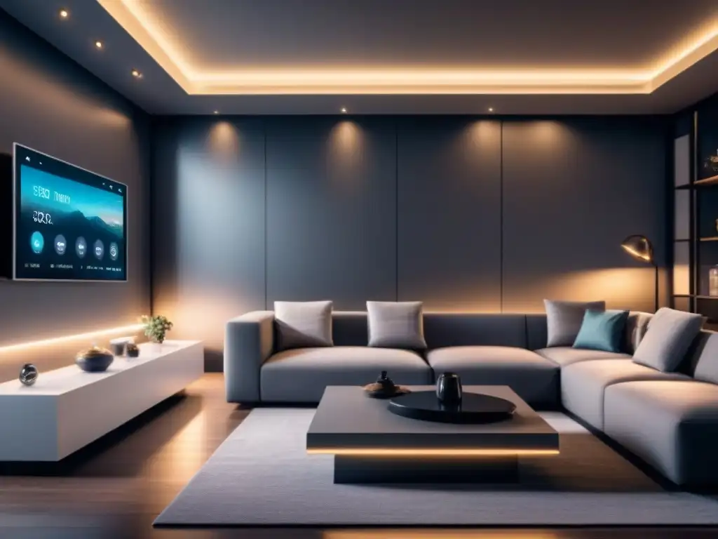 Interior de casa inteligente: diseño moderno y domótica avanzada Interior de hogar inteligente con domótica en préstamos inmobiliarios, diseño futurista y tecnología avanzada