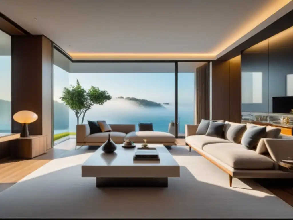Resplandor y elegancia en interior de lujo Interior de lujo bañado en luz natural, con mobiliario contemporáneo elegante y detalles arquitectónicos cautivadores