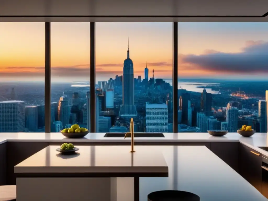 Interior de apartamento moderno y lujoso con vistas a la ciudad Interior lujoso de un apartamento moderno con muebles elegantes, amplias ventanas con vista a la ciudad y una isla de cocina contemporánea