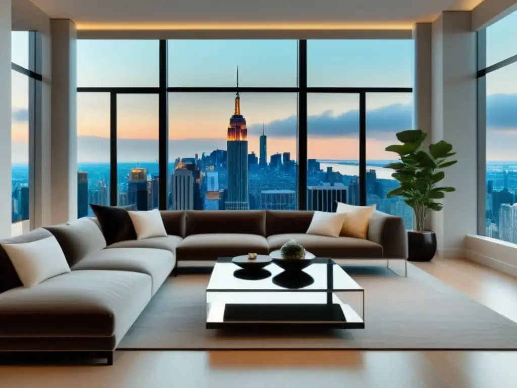 Interior de apartamento de lujo con vista impresionante Interior lujoso de apartamento moderno con diseño elegante y vista panorámica de la ciudad