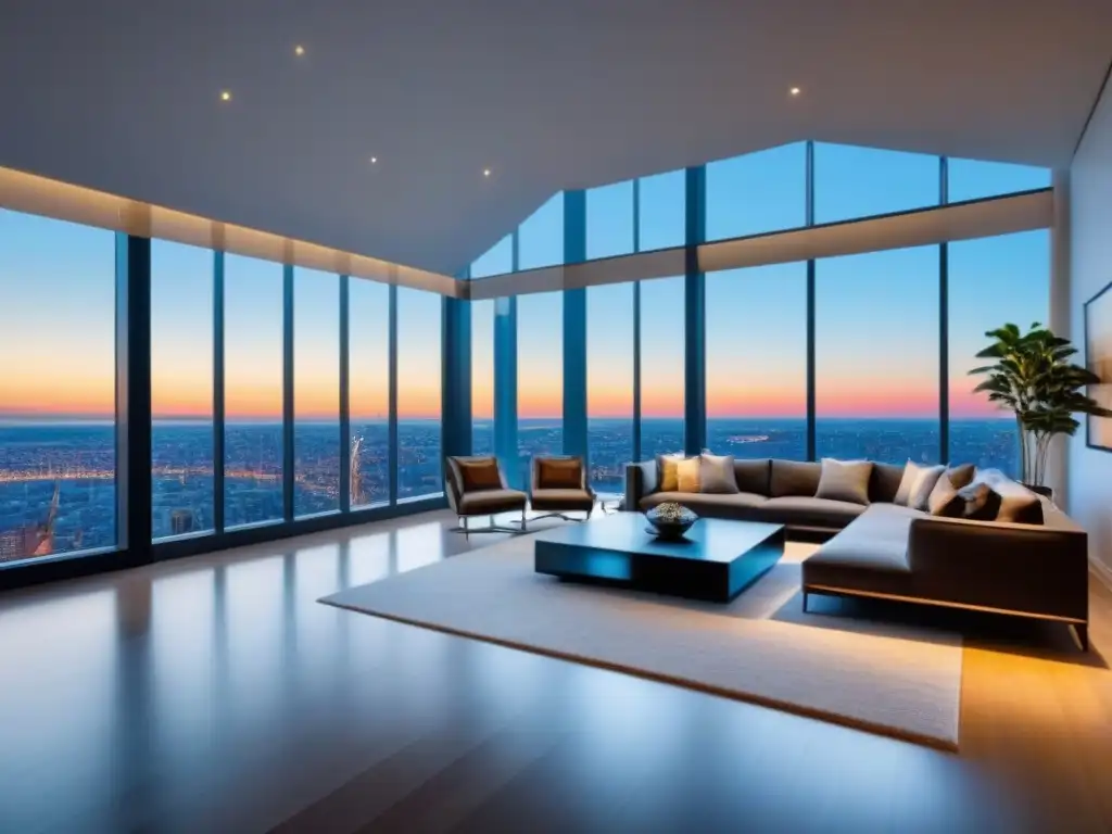 Penthouse moderno de lujo con diseño elegante y vistas panorámicas Interior lujoso de ático moderno con diseño elegante, ventanales de piso a techo y vistas panorámicas de la ciudad