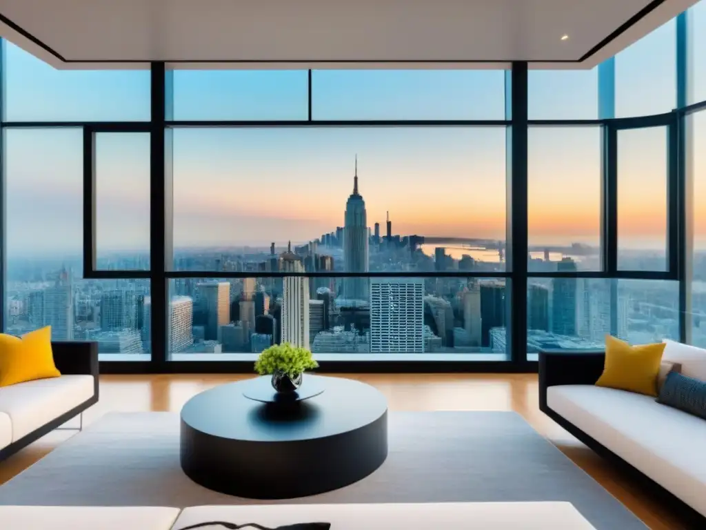 Penthouse moderno con vistas a la ciudad: diseño elegante y luminoso Interior lujoso de ático moderno con ventanales de piso a techo y vista a la ciudad