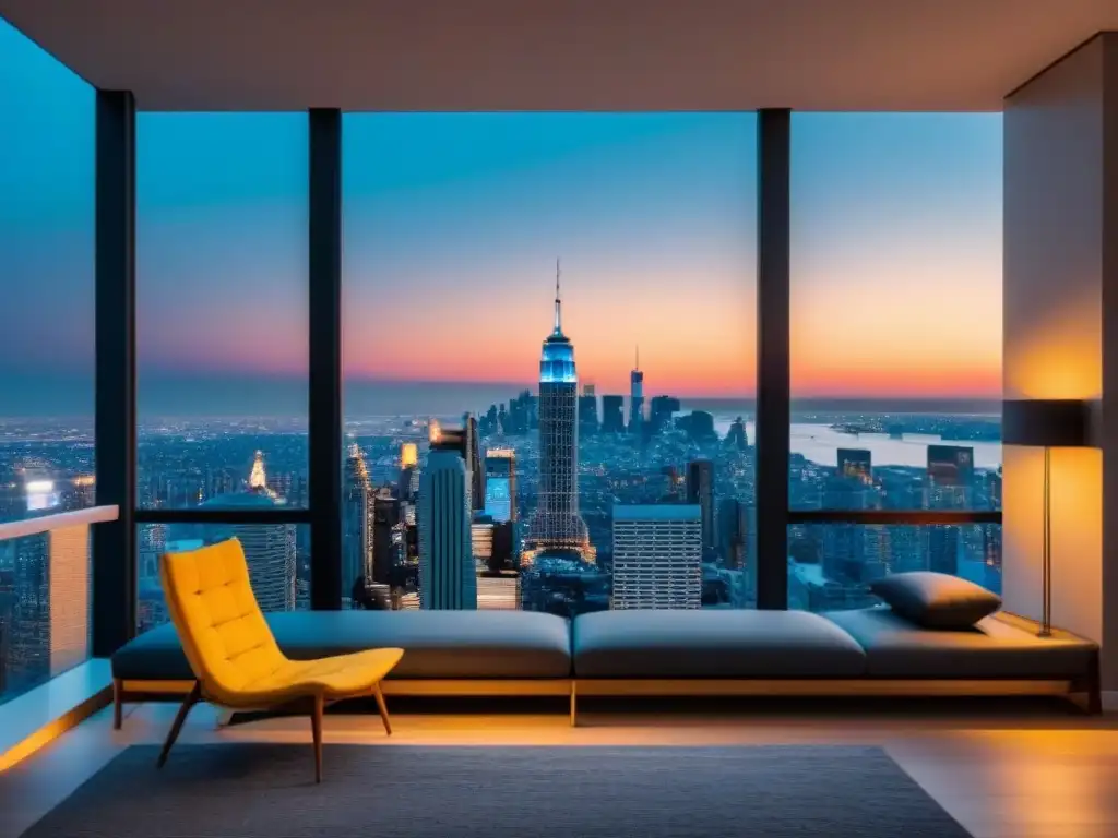 Espectacular penthouse moderno con vista panorámica nocturna de la ciudad Interior lujoso de ático moderno con vista nocturna de la ciudad