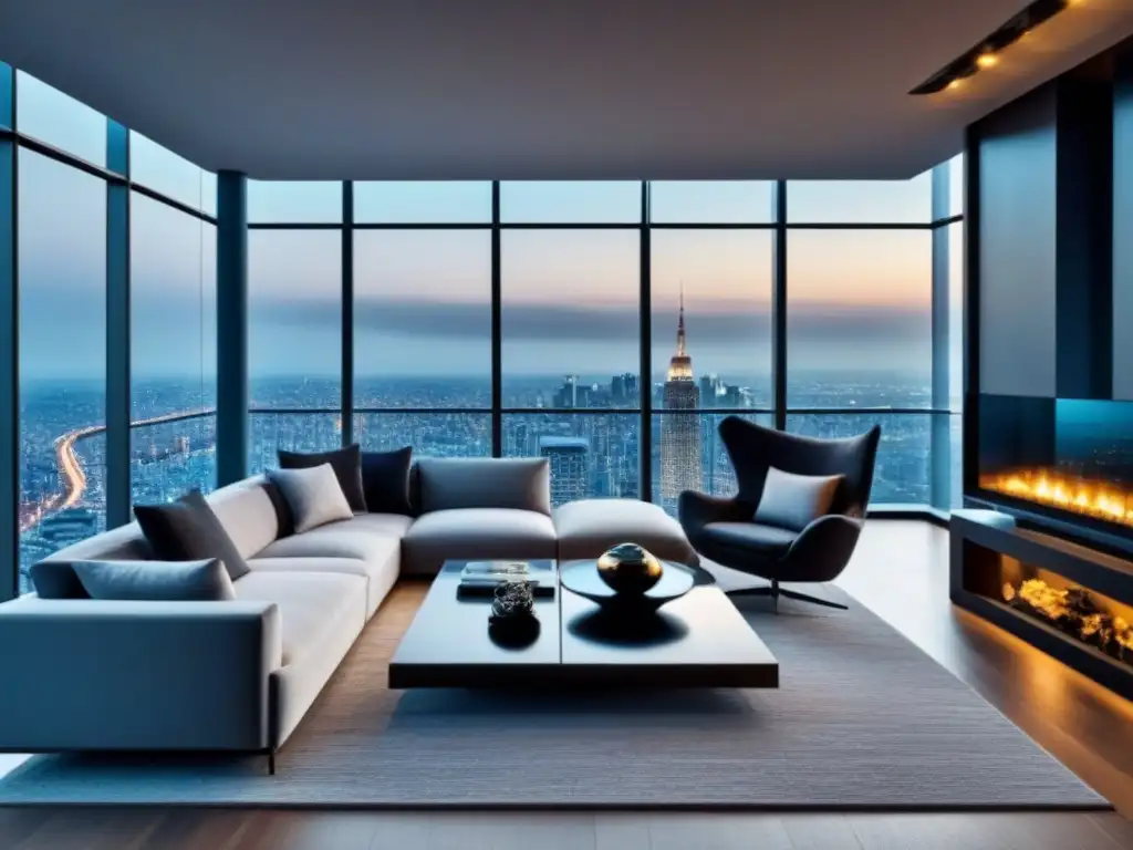 Interior de penthouse de lujo: diseño sofisticado y exclusivo en 8k Interior lujoso de un ático moderno, con mobiliario elegante, vistas panorámicas y diseño de iluminación sofisticado