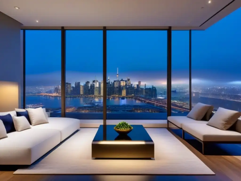 Penthouse de lujo con vista a la ciudad al anochecer Interior lujoso de penthouse moderno con vista a la ciudad al atardecer, mobiliario elegante y exclusivo