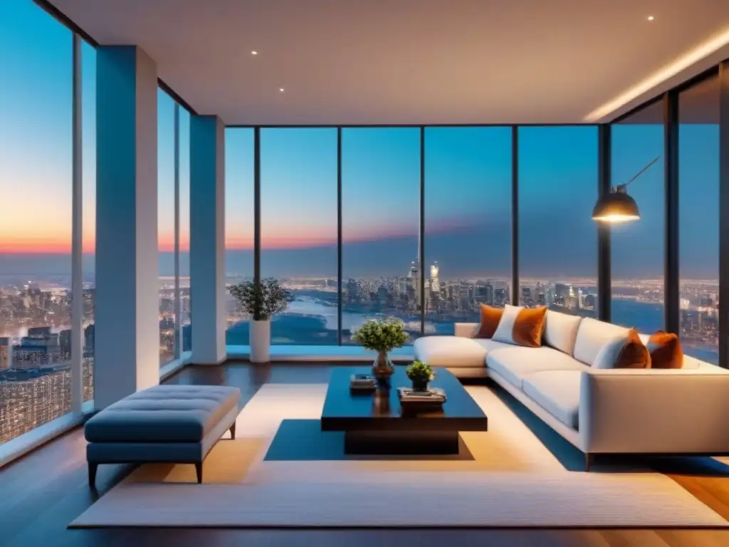 Penthouse de lujo con vista panorámica al anochecer Interior lujoso de penthouse moderno, con vista a la ciudad al atardecer