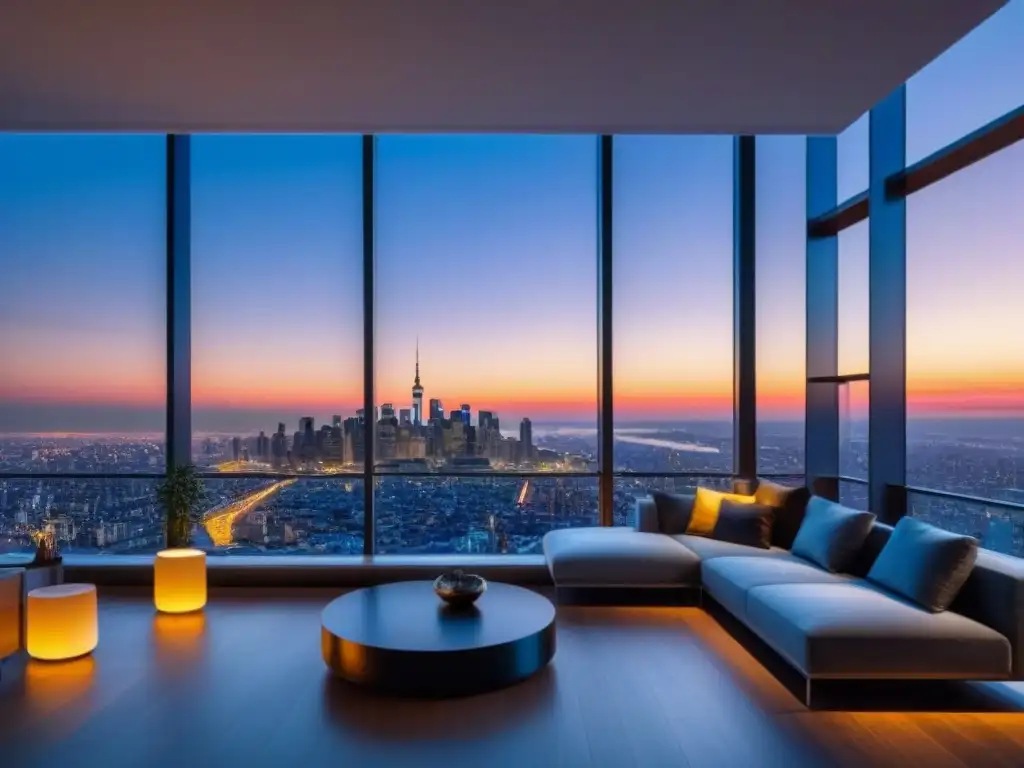 Interior lujoso de penthouse con vista a la ciudad, muebles contemporáneos y tecnología de lujo