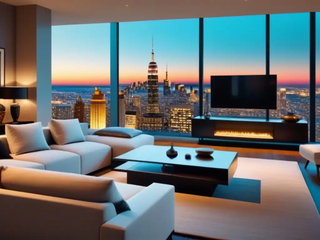 Interior de apartamento de lujo con tecnología smart home Interior lujoso con tecnología inteligente y diseño de vanguardia, gestionando propiedades de lujo con herramientas digitales