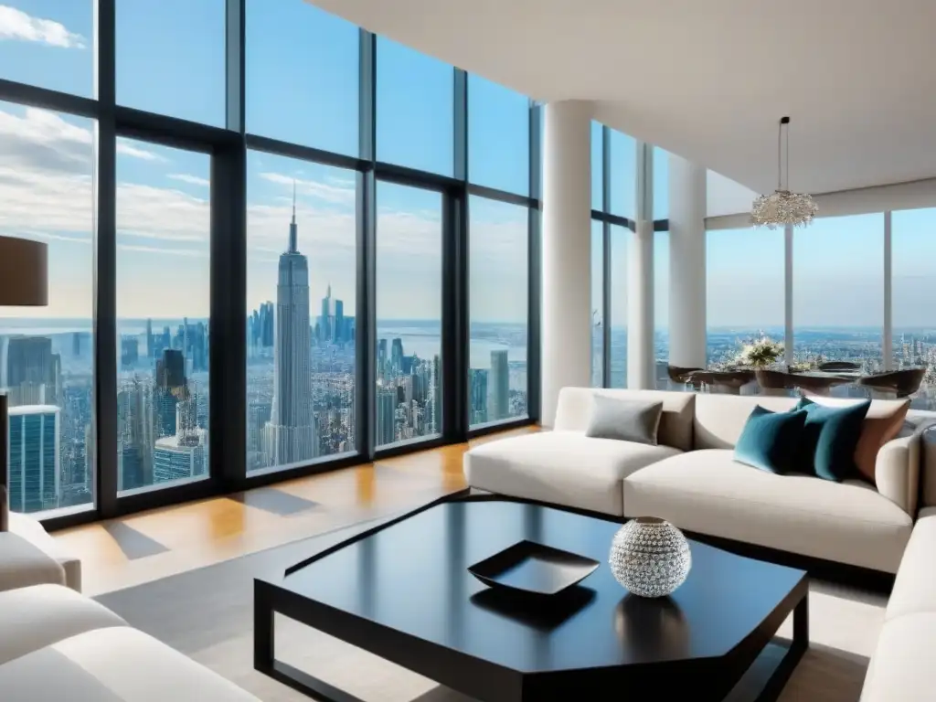 Penthouse de lujo con vista panorámica y diseño contemporáneo elegante Interior de penthouse de lujo con vista panorámica a la ciudad, muebles elegantes y decoración sofisticada