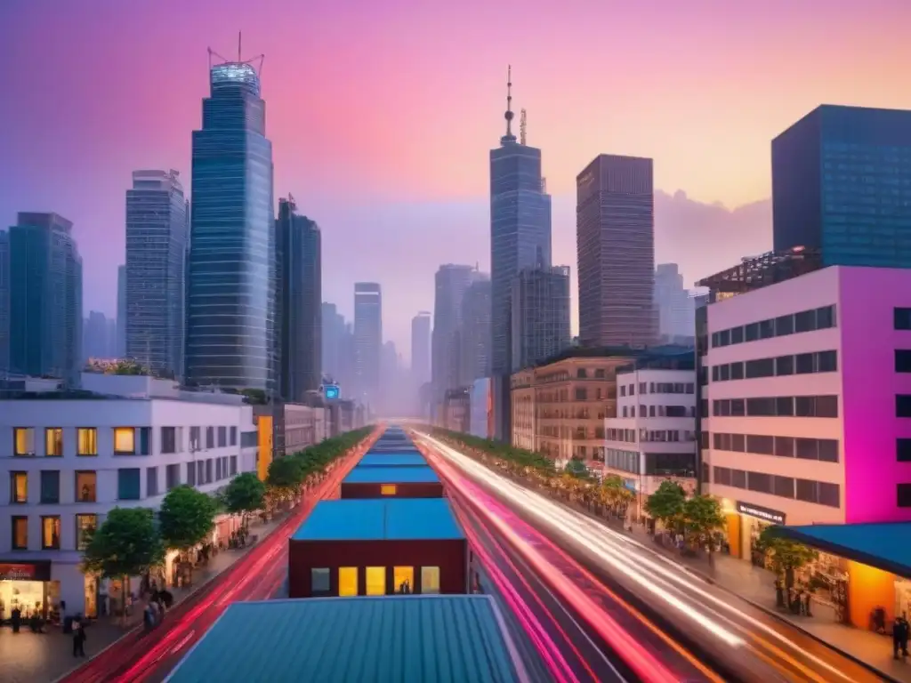 Vida urbana al atardecer: diversidad y modernidad en la ciudad Inversión en alquileres y tendencias demográficas en una ciudad vibrante al anochecer