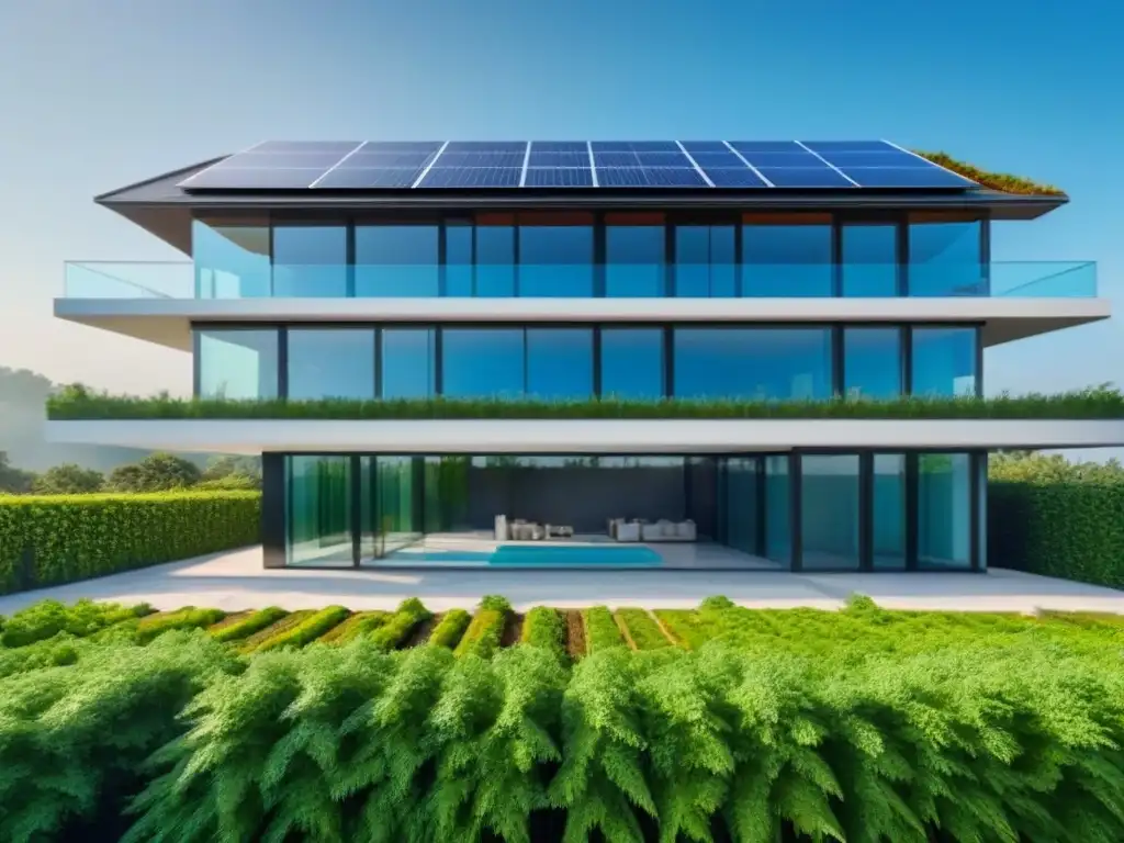 Edificio sostenible: arquitectura moderna y ecoamigable Inversión en bienes raíces sostenibles con beneficios financieros: edificio moderno con paneles solares y diseño ecoamigable