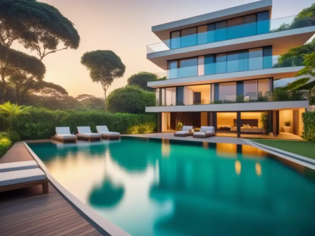 Residencial de lujo con diseño arquitectónico moderno y piscina reluciente al atardecer Inversión en finca raíz: Edificio moderno rodeado de vegetación exuberante y piscina reluciente al atardecer
