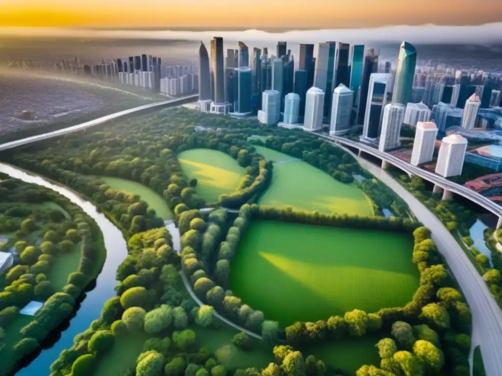 Espléndida vista aérea de ciudad moderna al atardecer Inversión inmobiliaria en área de rápido crecimiento demográfico: ciudad vibrante con edificios modernos y naturaleza exuberante al atardecer