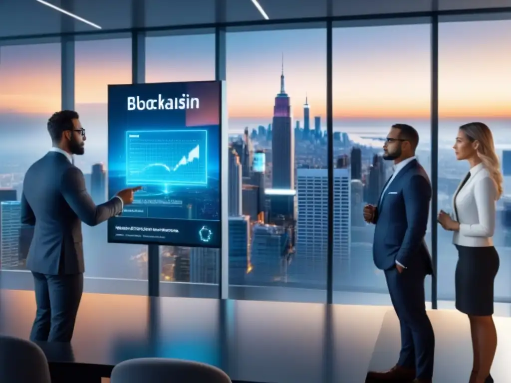 Inversión inmobiliaria con Blockchain: Profesionales colaboran en estrategias innovadoras frente a holograma futurista en elegante sala de juntas