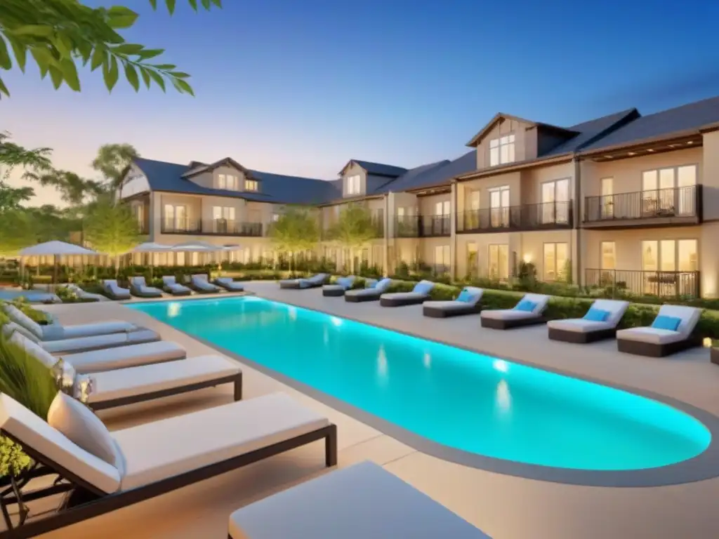 Retiro de lujo en comunidad moderna rodeada de naturaleza exuberante Inversión inmobiliaria para baby boomers: una comunidad de retiro lujosa rodeada de naturaleza serena y amenidades exclusivas al atardecer