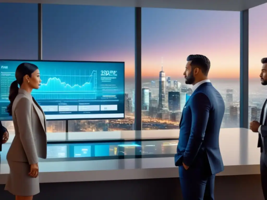 Inversores analizan datos inmobiliarios en holograma futurista Inversión inmobiliaria a corto plazo: Grupo diverso de inversores observando datos en pantalla holográfica futurista en oficina contemporánea