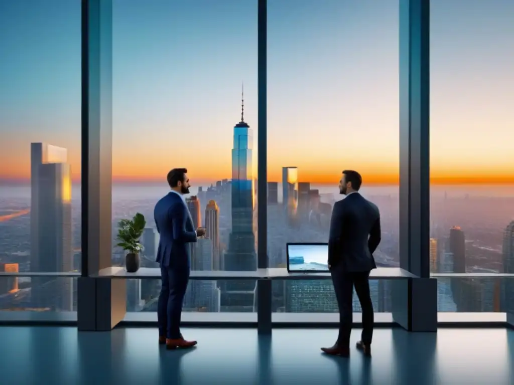 Edificio moderno con inversores analizando datos en hologramas futuristas Inversión inmobiliaria a corto plazo: Edificio moderno con fachada transparente, profesionales analizando datos en pantallas holográficas futuristas