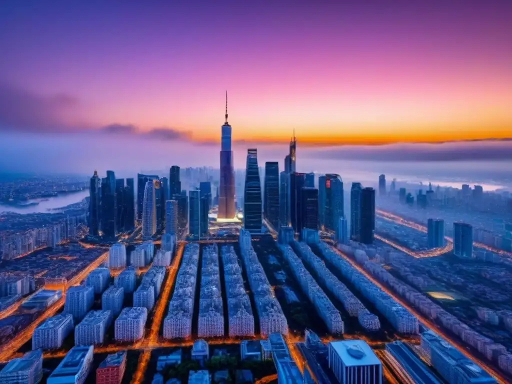 Horizonte urbano: mezcla de modernidad y historia al atardecer Inversión inmobiliaria en el extranjero: Ciudad cosmopolita con rascacielos futuristas y edificios históricos bajo un atardecer vibrante
