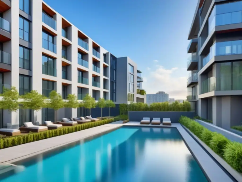 Complejo de apartamentos de lujo en entorno urbano Inversión inmobiliaria diversificada éxito: lujoso complejo de apartamentos modernos con piscina en la azotea y jardines