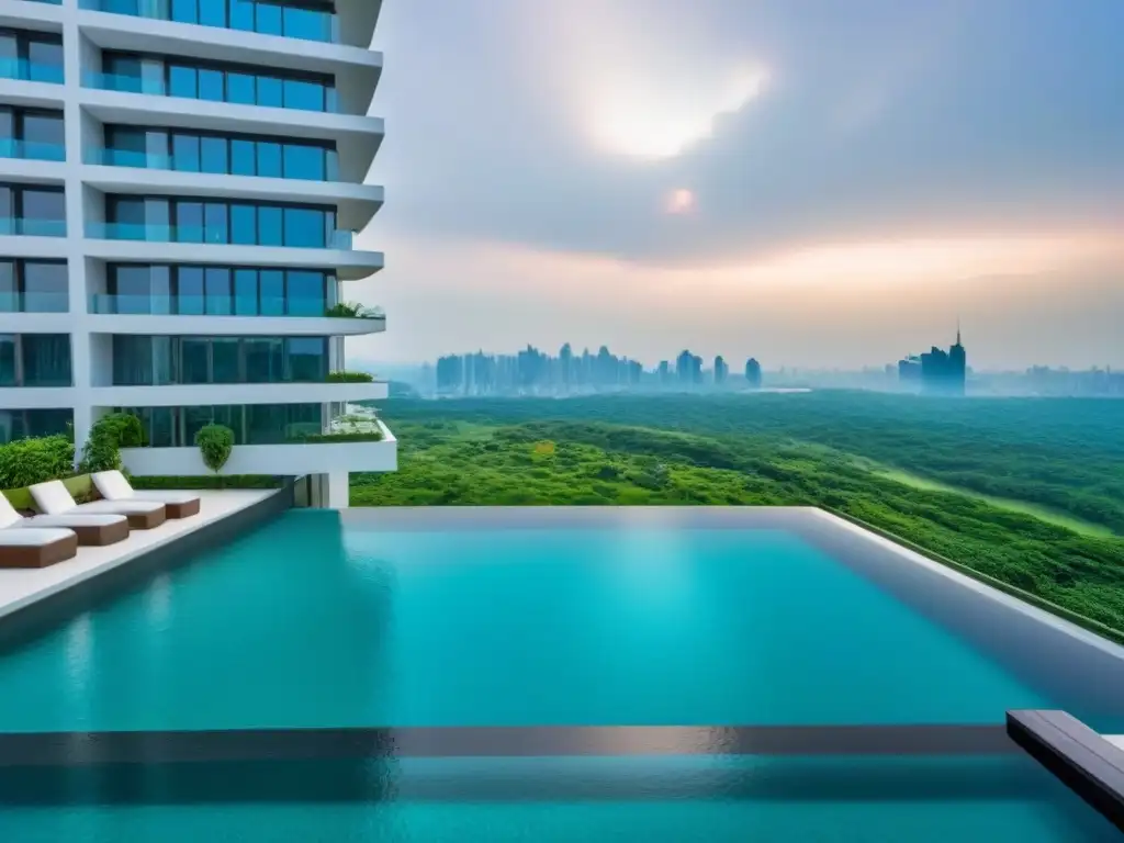 Inversión inmobiliaria exclusiva: Edificio moderno de lujo con tecnología y diseño vanguardista, rodeado de vegetación lujosa