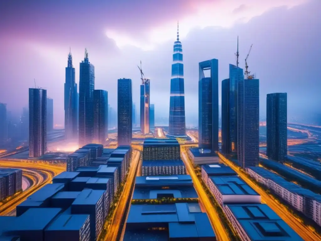 Metropolis blockchain: inversión inmobiliaria global Inversión inmobiliaria global con tecnología blockchain en moderna ciudad futurista